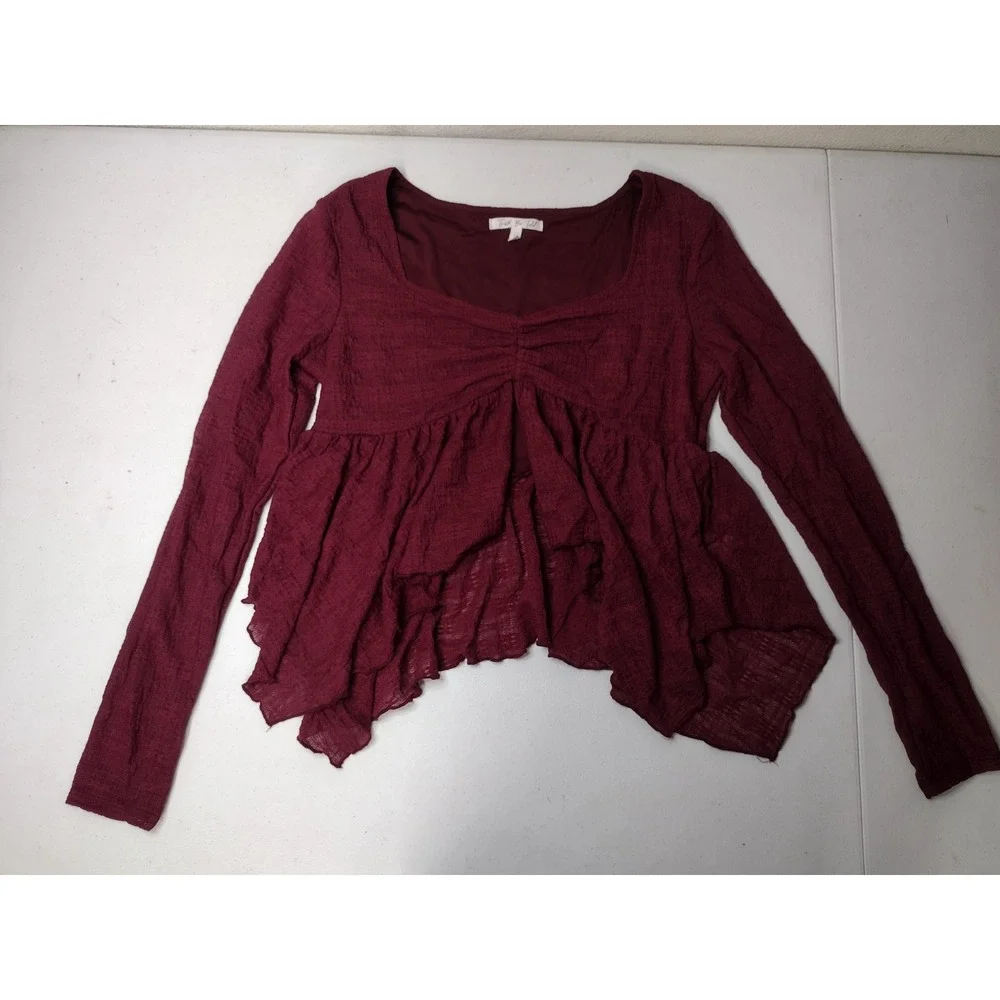 Truth Be Told Burgundy Peplum Top Long Sleeve Textured Ruffle Hem Women Large